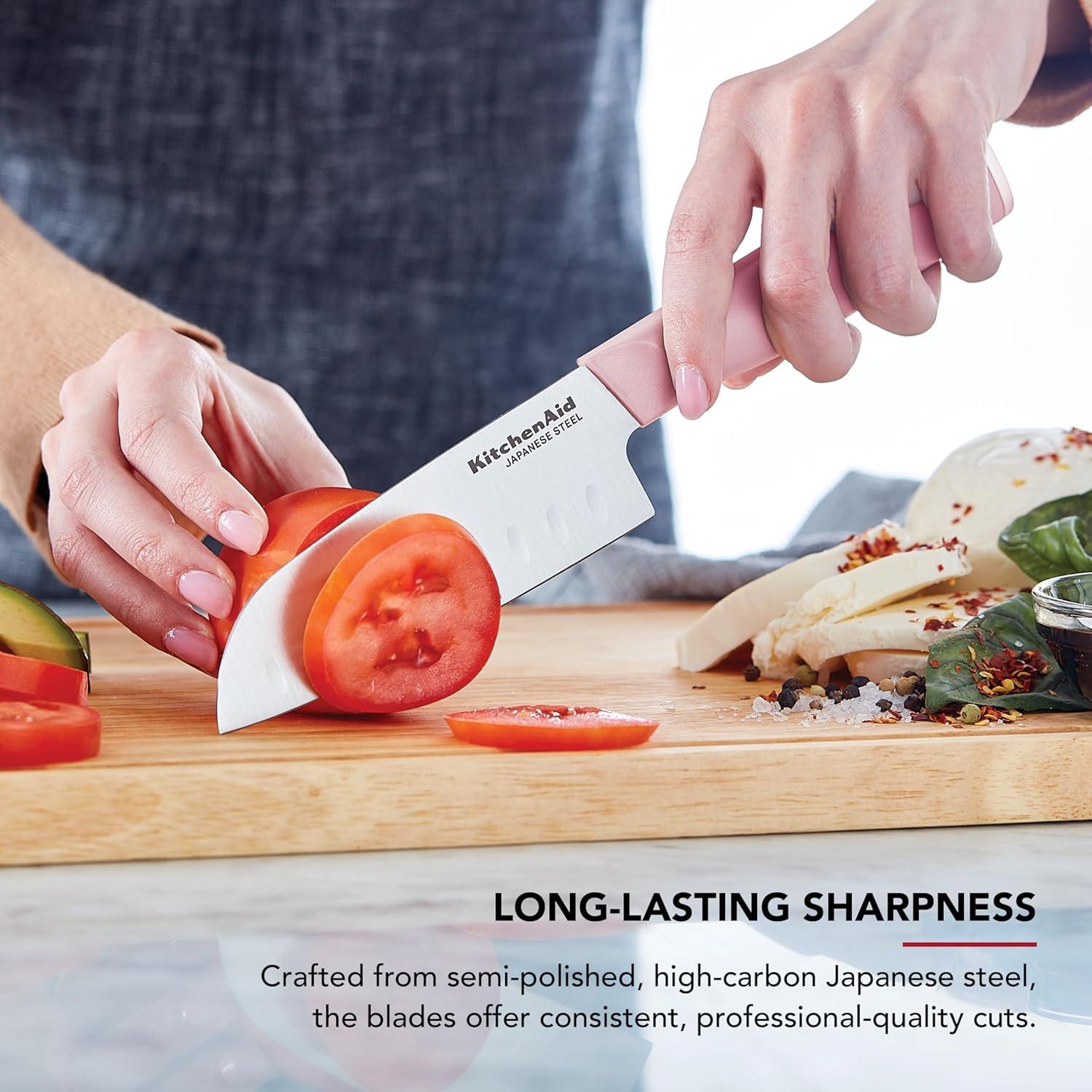 imageKitchenAid 4 Piece Chef Knife Set with Blade Covers 6 Inch Chef Knife 5 Inch Santoku 55 Inch Serrated Utility 35 Inch Paring High Carbon Japanese Steel Dried RoseDried Rose