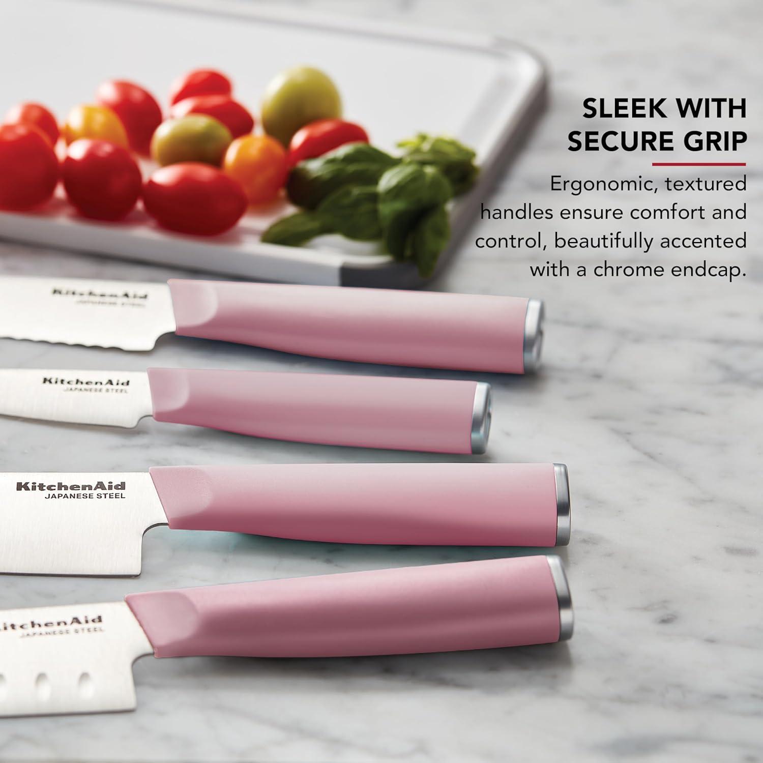 imageKitchenAid 4 Piece Chef Knife Set with Blade Covers 6 Inch Chef Knife 5 Inch Santoku 55 Inch Serrated Utility 35 Inch Paring High Carbon Japanese Steel Dried RoseDried Rose