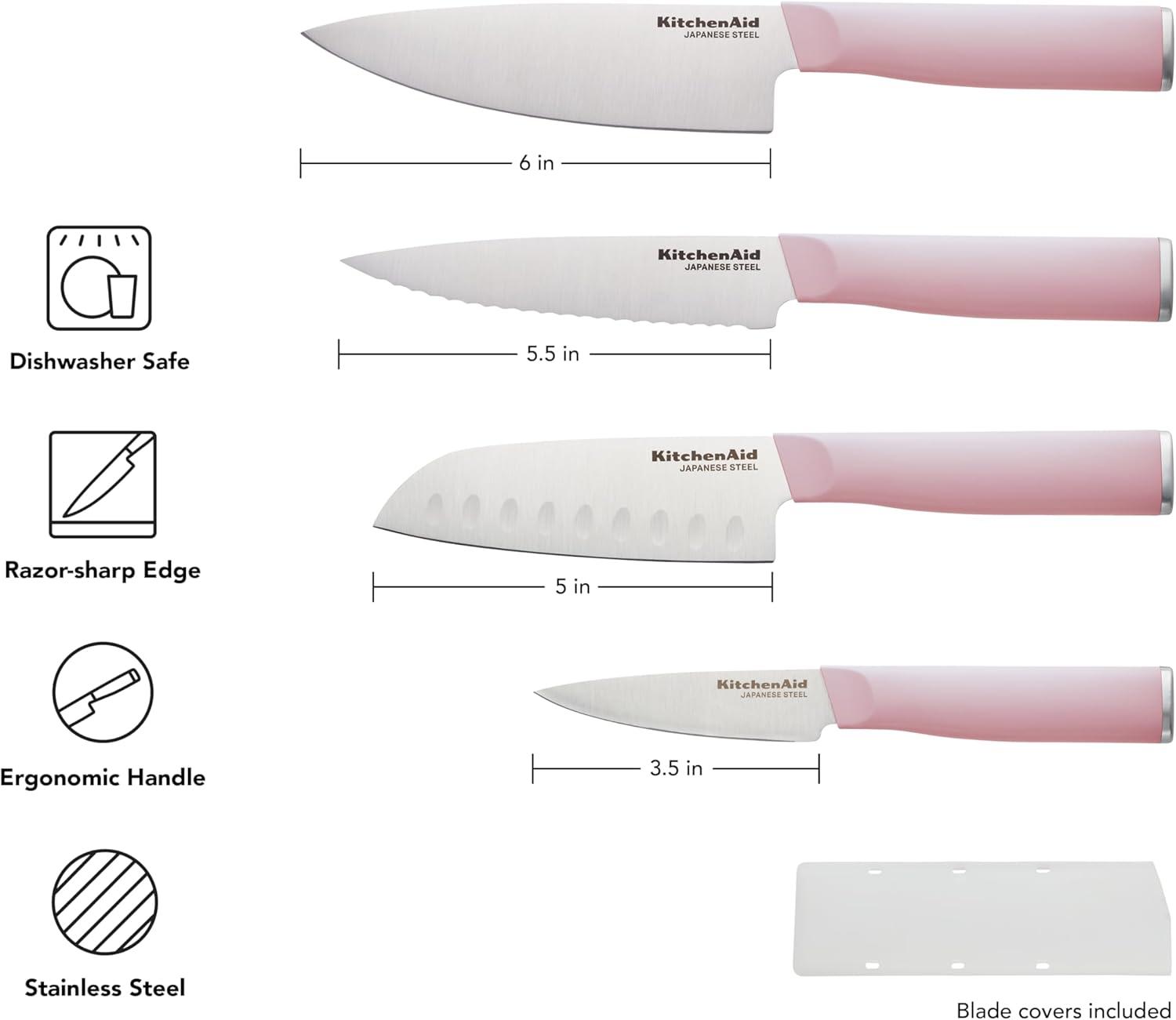 imageKitchenAid 4 Piece Chef Knife Set with Blade Covers 6 Inch Chef Knife 5 Inch Santoku 55 Inch Serrated Utility 35 Inch Paring High Carbon Japanese Steel Dried RoseDried Rose