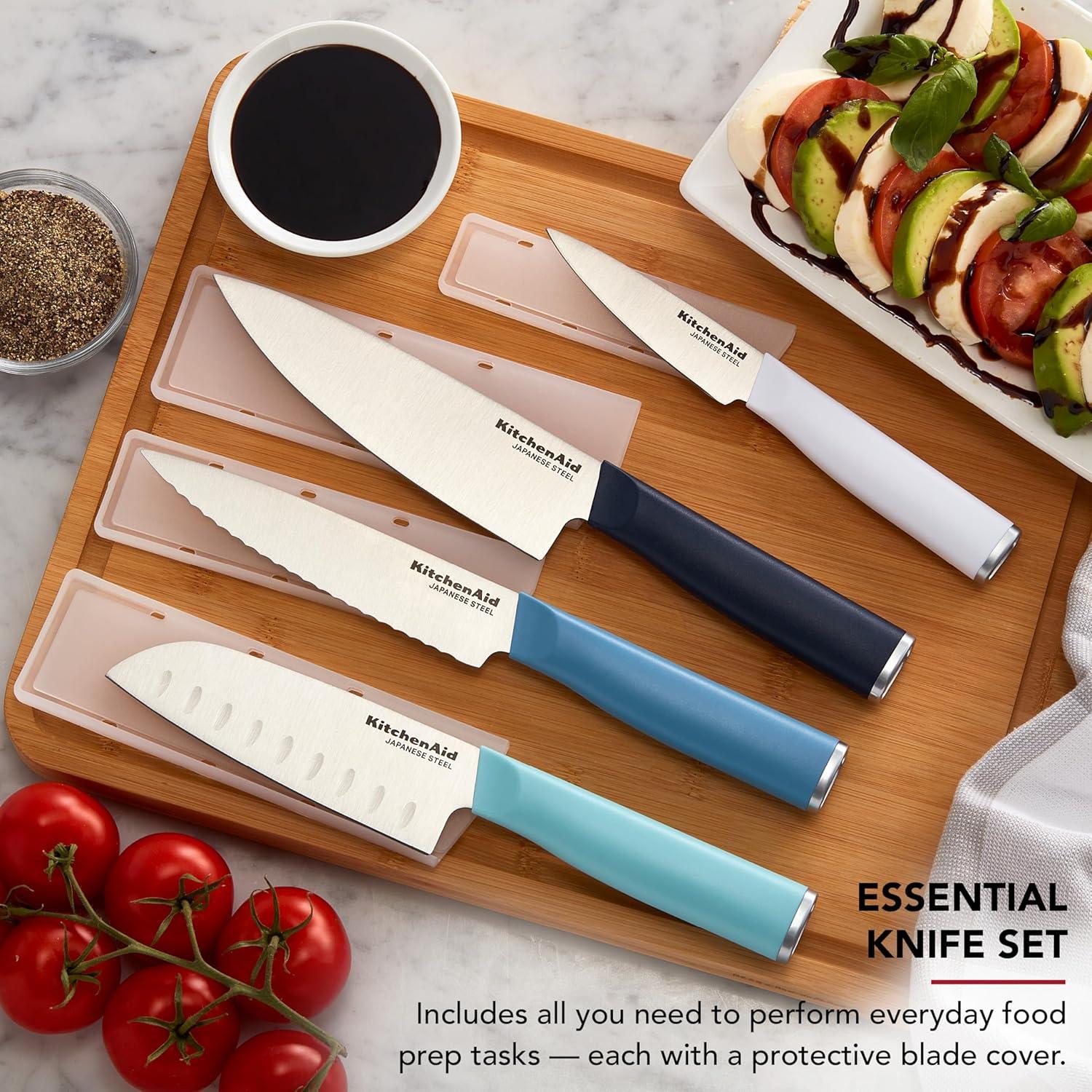 imageKitchenAid 4 Piece Chef Knife Set with Blade Covers 6 Inch Chef Knife 5 Inch Santoku 55 Inch Serrated Utility 35 Inch Paring High Carbon Japanese Steel Dried RoseBlue