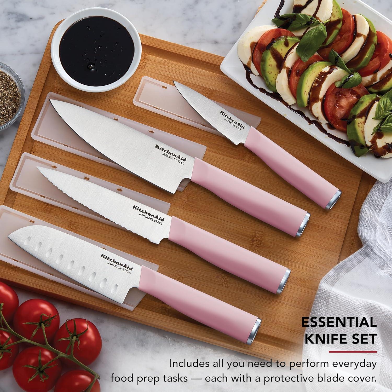 imageKitchenAid 4 Piece Chef Knife Set with Blade Covers 6 Inch Chef Knife 5 Inch Santoku 55 Inch Serrated Utility 35 Inch Paring High Carbon Japanese Steel Dried RoseDried Rose