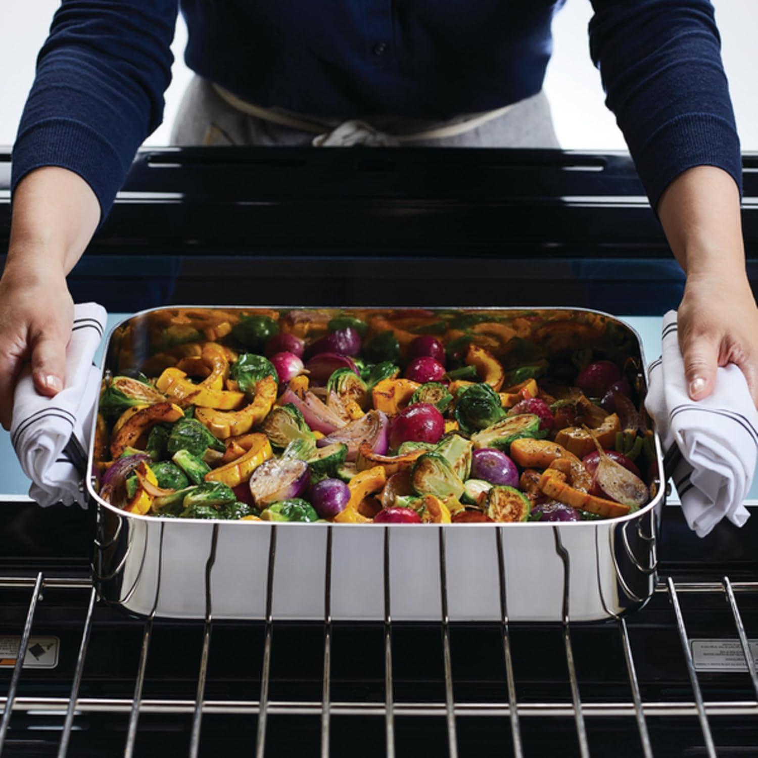 imageKitchenAid 5Ply Clad Stainless Steel Roasting PanRoaster with Removable Rack 15 Inch x 115 Inch Polished Stainless Steel