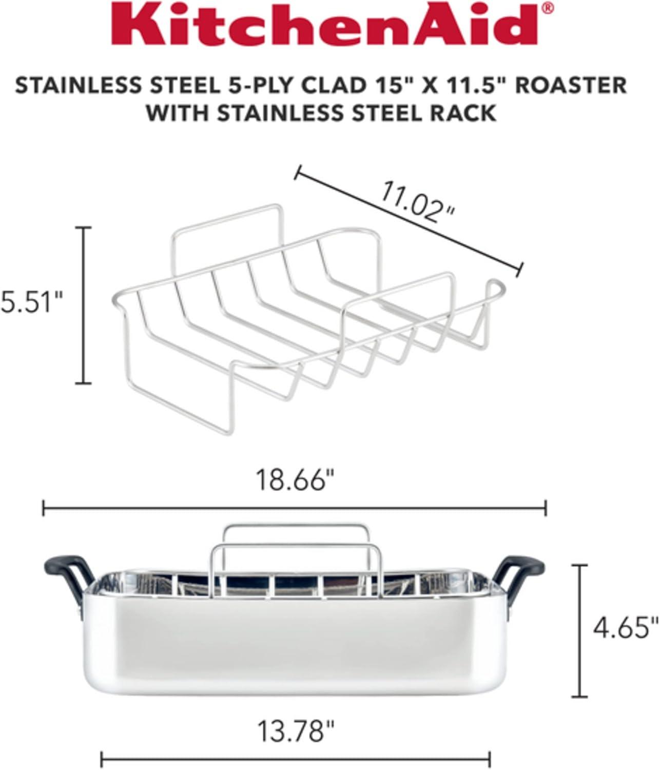 imageKitchenAid 5Ply Clad Stainless Steel Roasting PanRoaster with Removable Rack 15 Inch x 115 Inch Polished Stainless Steel