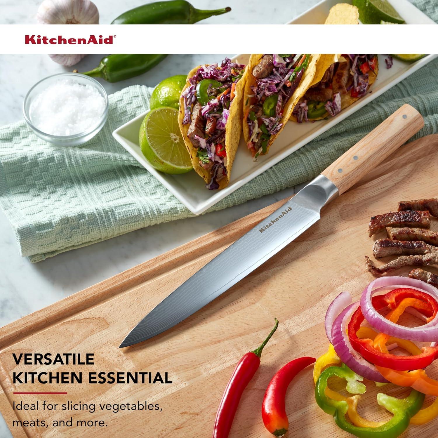 imageKitchenAid 6Piece Ashwood Knife Block Set Premium Damascus Steel Blades Pakkawood Handles SpaceSaving Design Includes Chef Santoku Slicing Utility ampamp Paring Knives Kitchen Knife SetBlonde