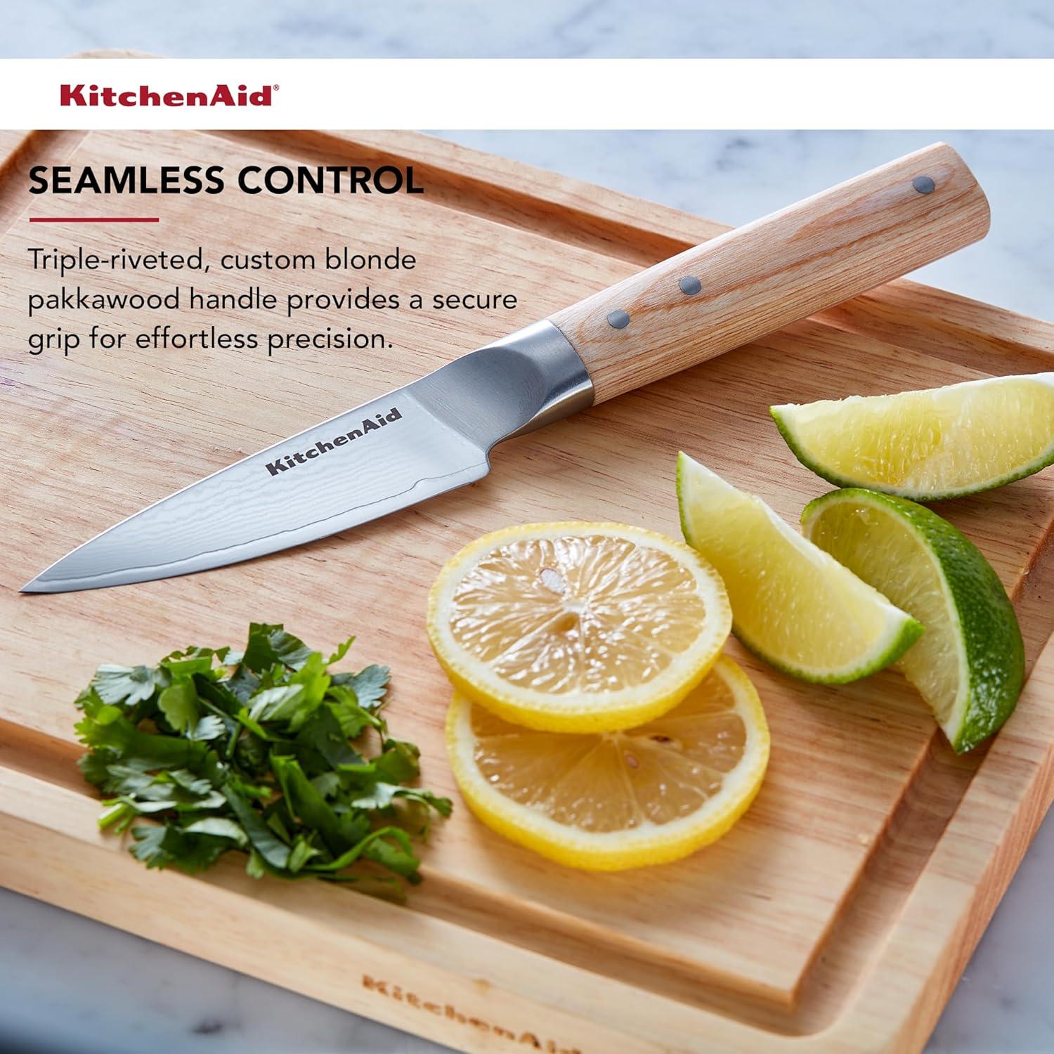 imageKitchenAid 6Piece Ashwood Knife Block Set Premium Damascus Steel Blades Pakkawood Handles SpaceSaving Design Includes Chef Santoku Slicing Utility ampamp Paring Knives Kitchen Knife SetBlonde