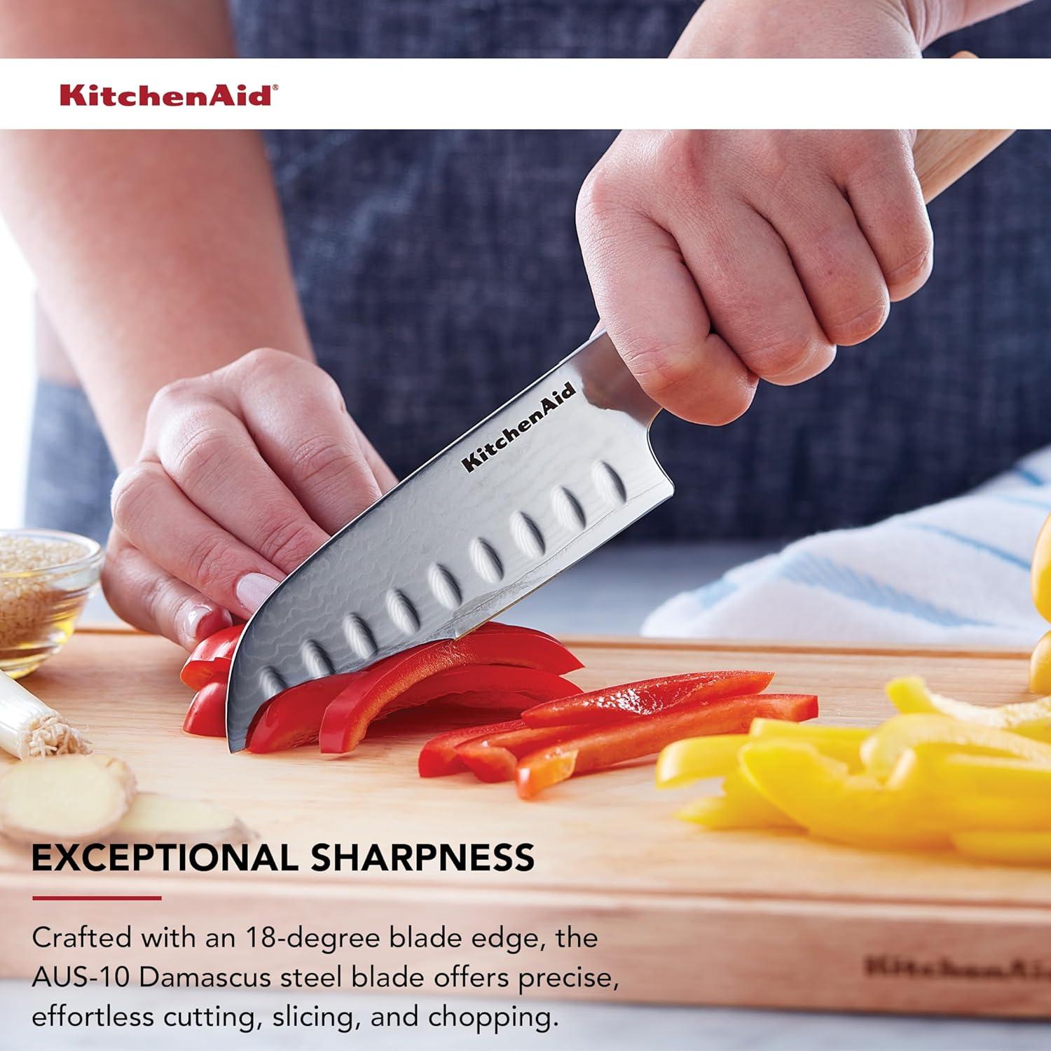 imageKitchenAid 6Piece Ashwood Knife Block Set Premium Damascus Steel Blades Pakkawood Handles SpaceSaving Design Includes Chef Santoku Slicing Utility ampamp Paring Knives Kitchen Knife SetBlonde