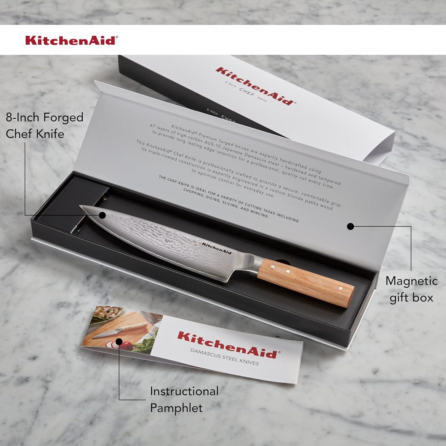 imageKitchenAid 6Piece Ashwood Knife Block Set Premium Damascus Steel Blades Pakkawood Handles SpaceSaving Design Includes Chef Santoku Slicing Utility ampamp Paring Knives Kitchen Knife SetBlonde