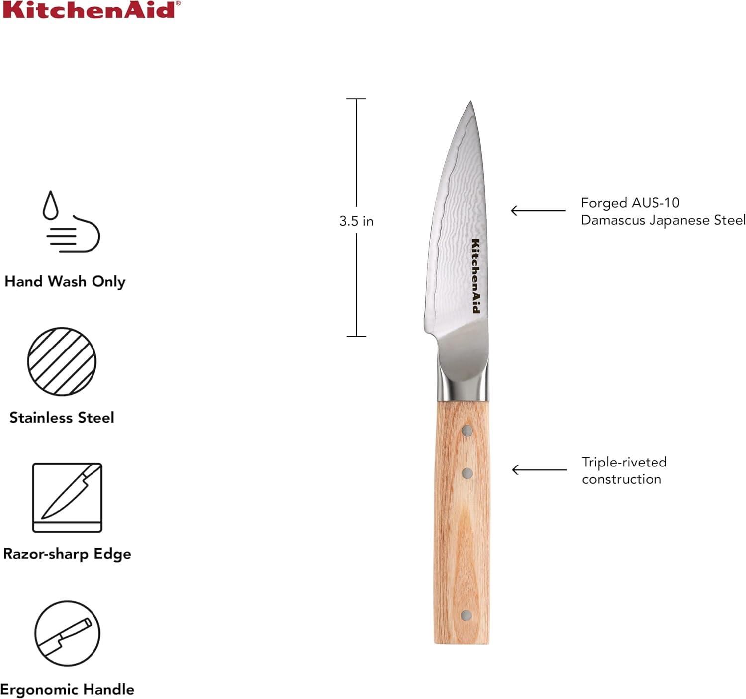 imageKitchenAid 6Piece Ashwood Knife Block Set Premium Damascus Steel Blades Pakkawood Handles SpaceSaving Design Includes Chef Santoku Slicing Utility ampamp Paring Knives Kitchen Knife SetBlonde