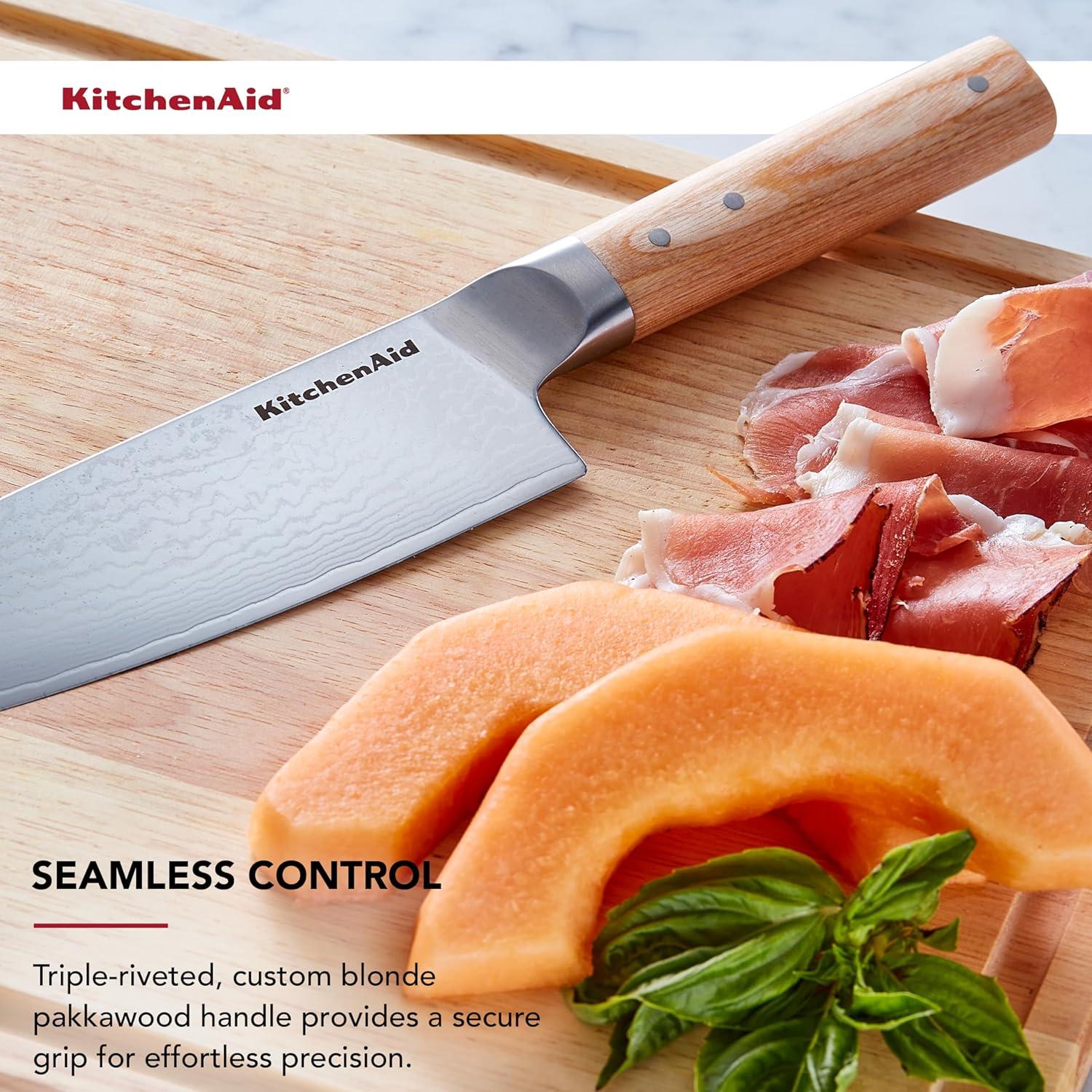 imageKitchenAid 6Piece Ashwood Knife Block Set Premium Damascus Steel Blades Pakkawood Handles SpaceSaving Design Includes Chef Santoku Slicing Utility ampamp Paring Knives Kitchen Knife SetBlonde