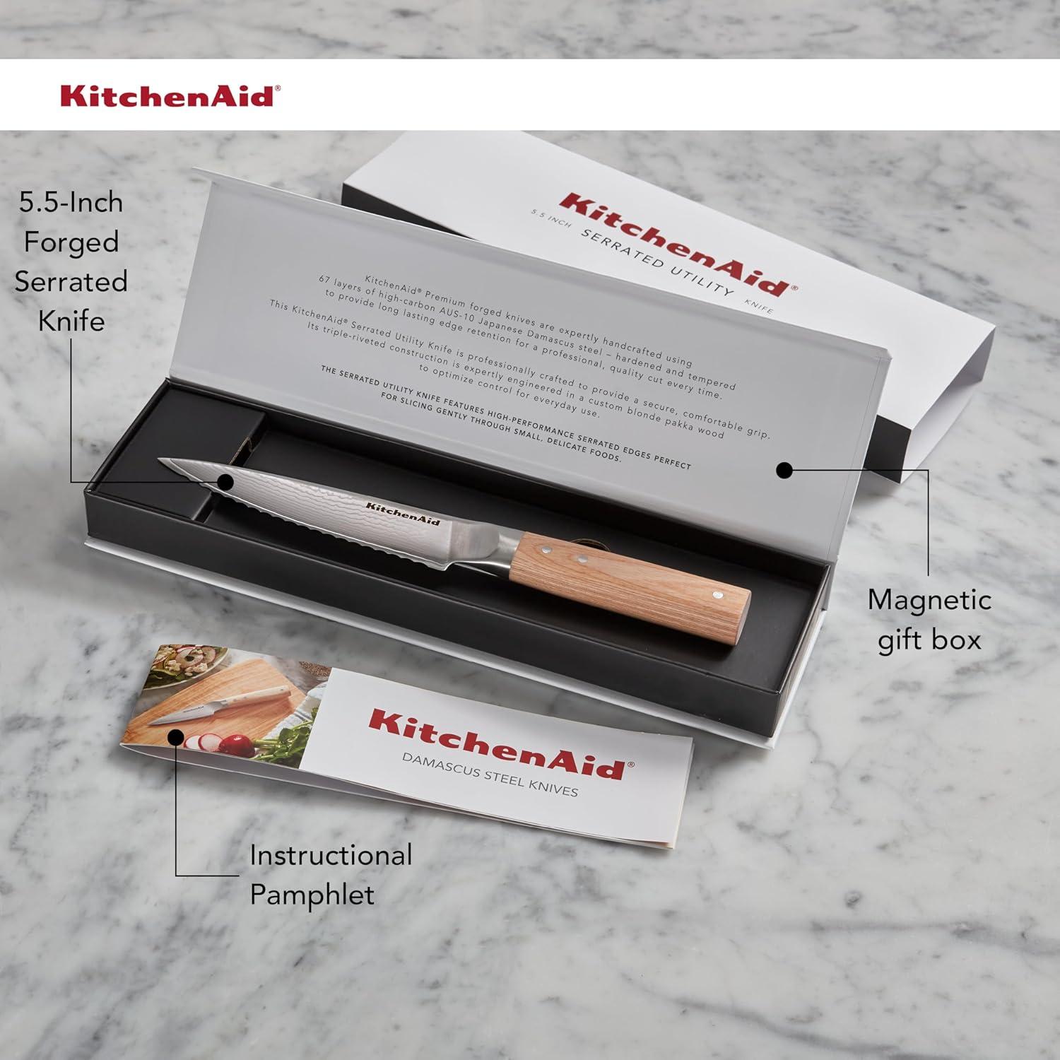 imageKitchenAid 6Piece Ashwood Knife Block Set Premium Damascus Steel Blades Pakkawood Handles SpaceSaving Design Includes Chef Santoku Slicing Utility ampamp Paring Knives Kitchen Knife SetBlonde