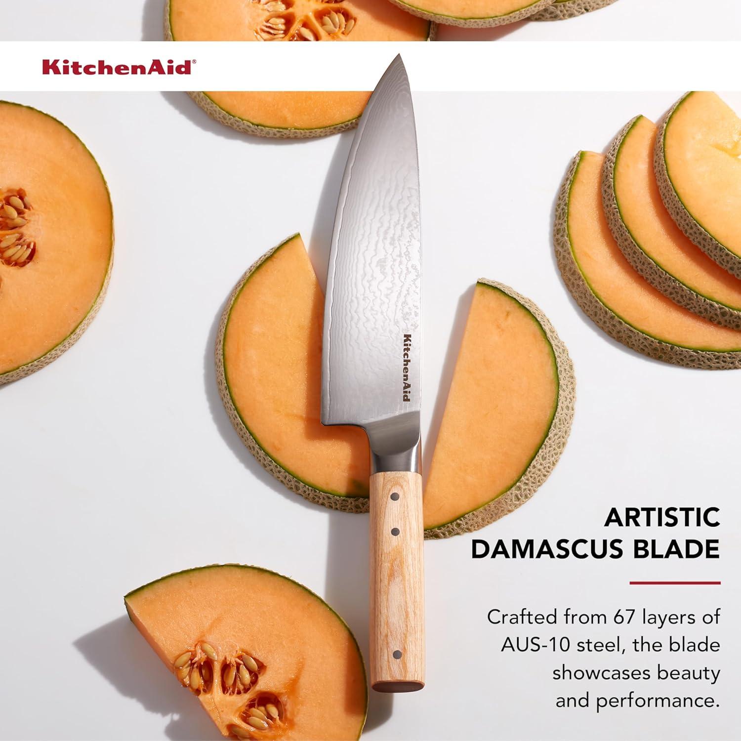 imageKitchenAid 6Piece Ashwood Knife Block Set Premium Damascus Steel Blades Pakkawood Handles SpaceSaving Design Includes Chef Santoku Slicing Utility ampamp Paring Knives Kitchen Knife SetBlonde