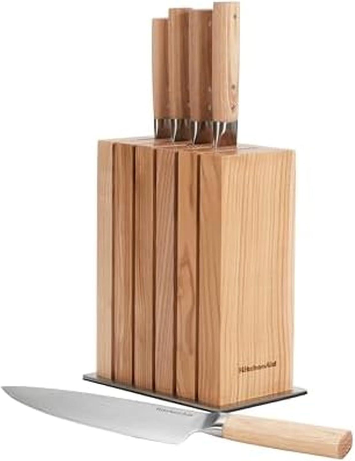 imageKitchenAid 6Piece Ashwood Knife Block Set Premium Damascus Steel Blades Pakkawood Handles SpaceSaving Design Includes Chef Santoku Slicing Utility ampamp Paring Knives Kitchen Knife SetBlonde