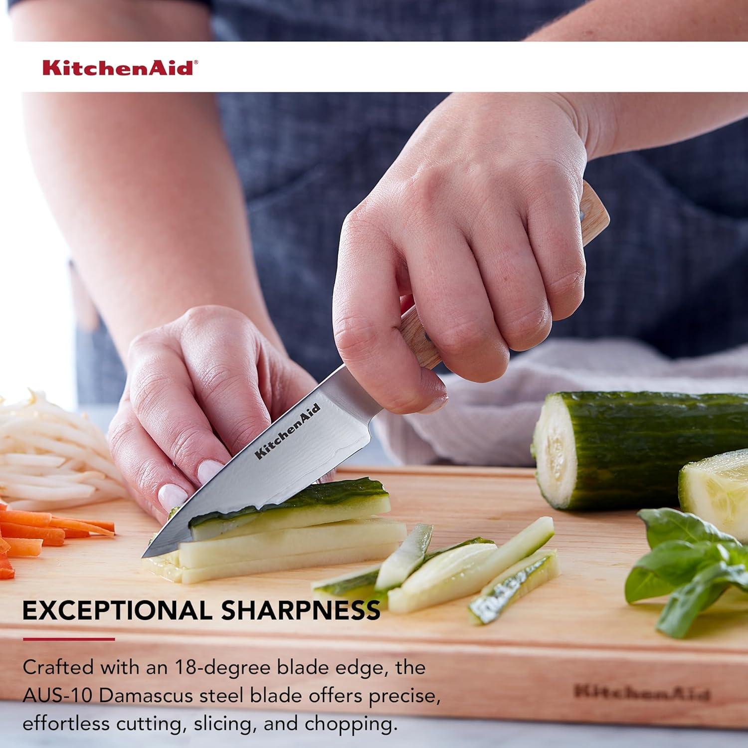 imageKitchenAid 6Piece Ashwood Knife Block Set Premium Damascus Steel Blades Pakkawood Handles SpaceSaving Design Includes Chef Santoku Slicing Utility ampamp Paring Knives Kitchen Knife SetBlonde