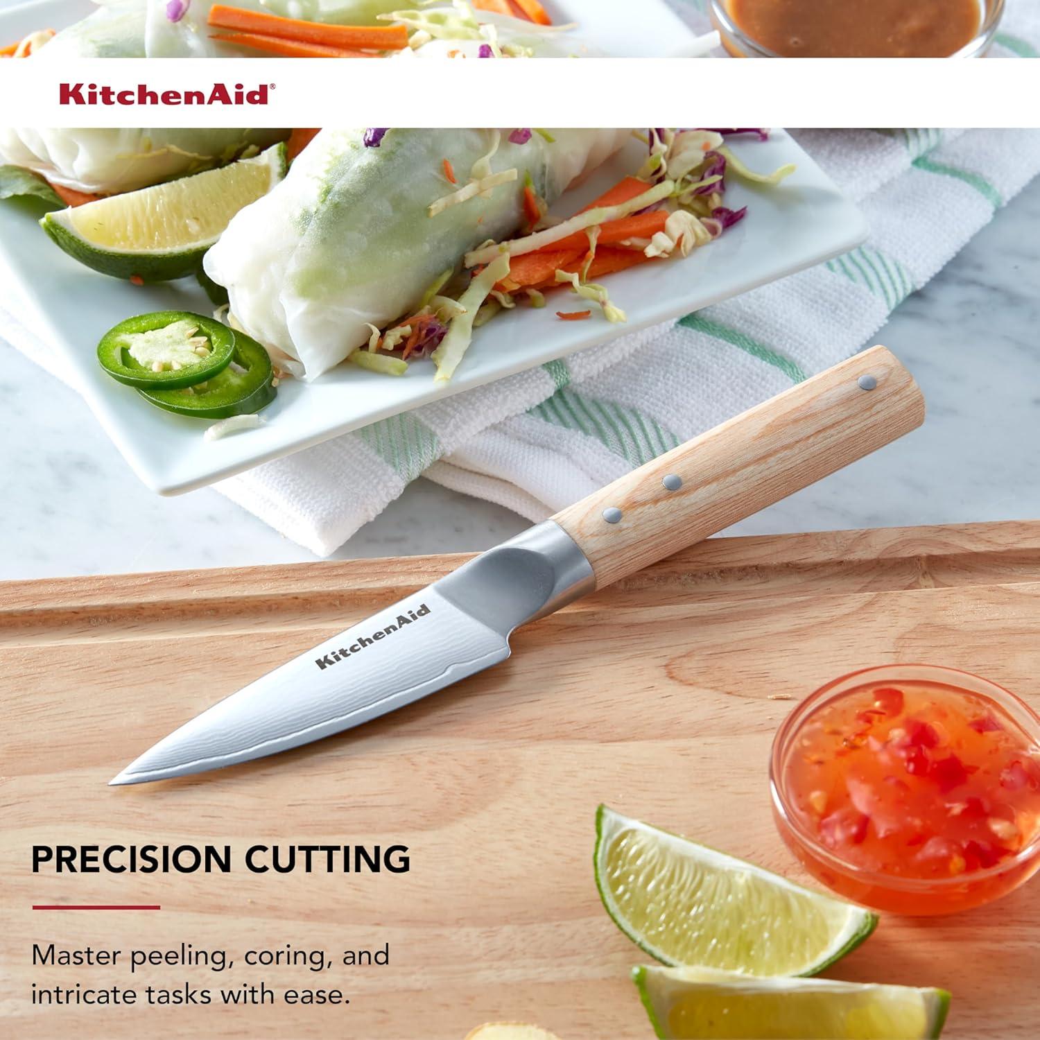 imageKitchenAid 6Piece Ashwood Knife Block Set Premium Damascus Steel Blades Pakkawood Handles SpaceSaving Design Includes Chef Santoku Slicing Utility ampamp Paring Knives Kitchen Knife SetBlonde