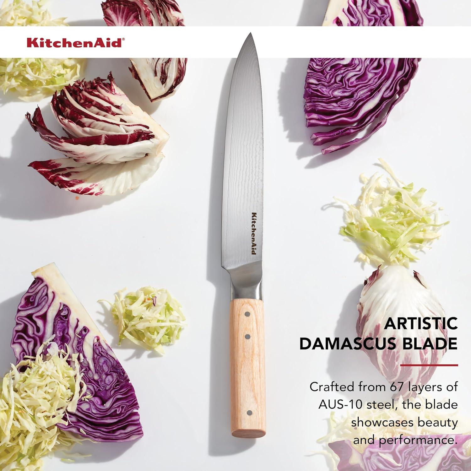 imageKitchenAid 6Piece Ashwood Knife Block Set Premium Damascus Steel Blades Pakkawood Handles SpaceSaving Design Includes Chef Santoku Slicing Utility ampamp Paring Knives Kitchen Knife SetBlonde