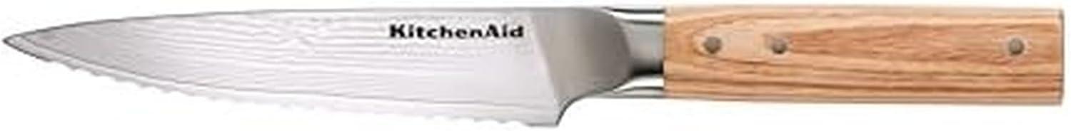 imageKitchenAid 6Piece Ashwood Knife Block Set Premium Damascus Steel Blades Pakkawood Handles SpaceSaving Design Includes Chef Santoku Slicing Utility ampamp Paring Knives Kitchen Knife SetBlonde