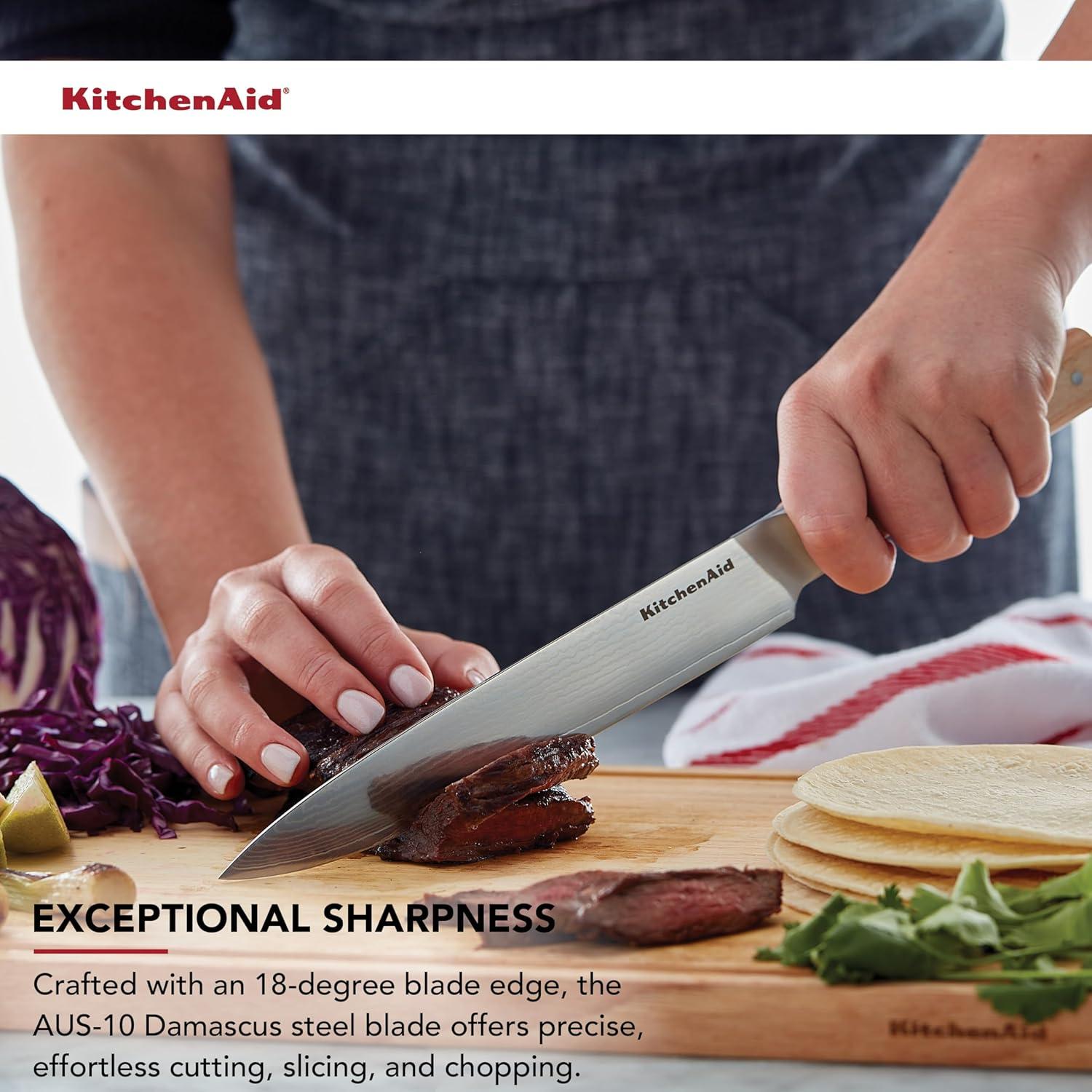 imageKitchenAid 6Piece Ashwood Knife Block Set Premium Damascus Steel Blades Pakkawood Handles SpaceSaving Design Includes Chef Santoku Slicing Utility ampamp Paring Knives Kitchen Knife SetBlonde