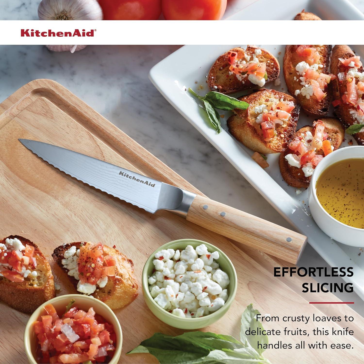 imageKitchenAid 6Piece Ashwood Knife Block Set Premium Damascus Steel Blades Pakkawood Handles SpaceSaving Design Includes Chef Santoku Slicing Utility ampamp Paring Knives Kitchen Knife SetBlonde