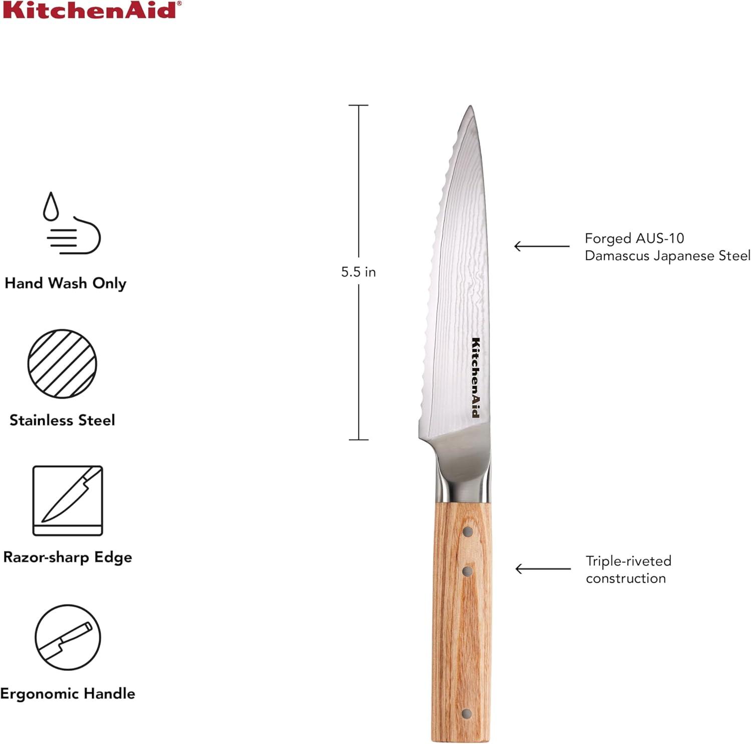imageKitchenAid 6Piece Ashwood Knife Block Set Premium Damascus Steel Blades Pakkawood Handles SpaceSaving Design Includes Chef Santoku Slicing Utility ampamp Paring Knives Kitchen Knife SetBlonde