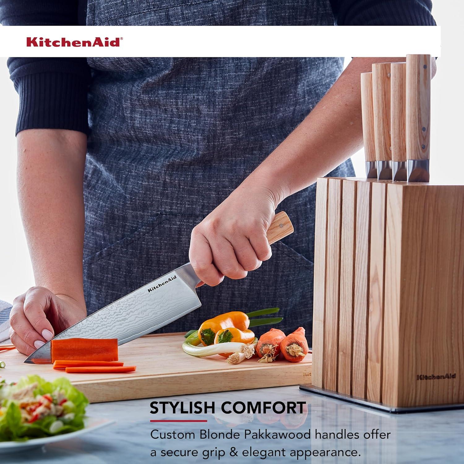 imageKitchenAid 6Piece Ashwood Knife Block Set Premium Damascus Steel Blades Pakkawood Handles SpaceSaving Design Includes Chef Santoku Slicing Utility ampamp Paring Knives Kitchen Knife SetBlonde