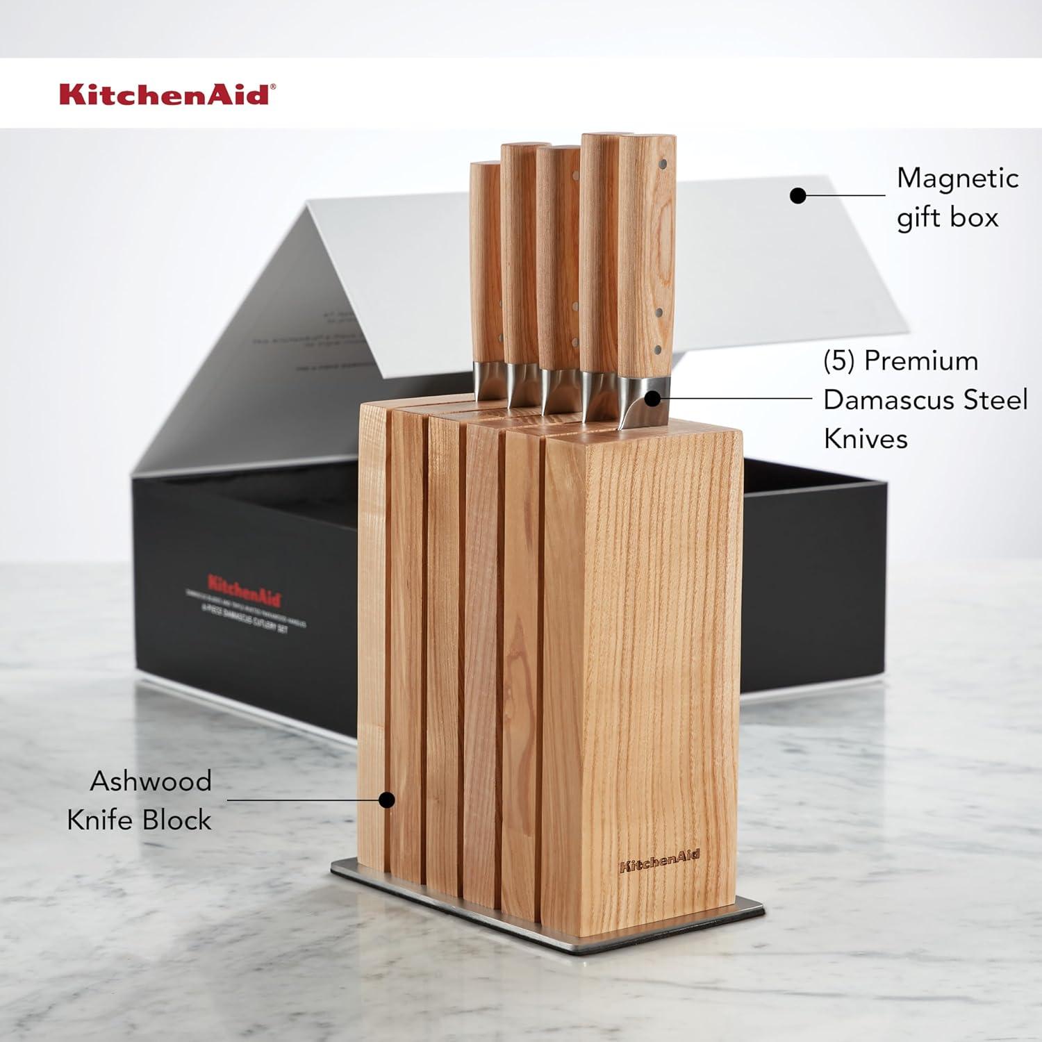 imageKitchenAid 6Piece Ashwood Knife Block Set Premium Damascus Steel Blades Pakkawood Handles SpaceSaving Design Includes Chef Santoku Slicing Utility ampamp Paring Knives Kitchen Knife SetBlonde