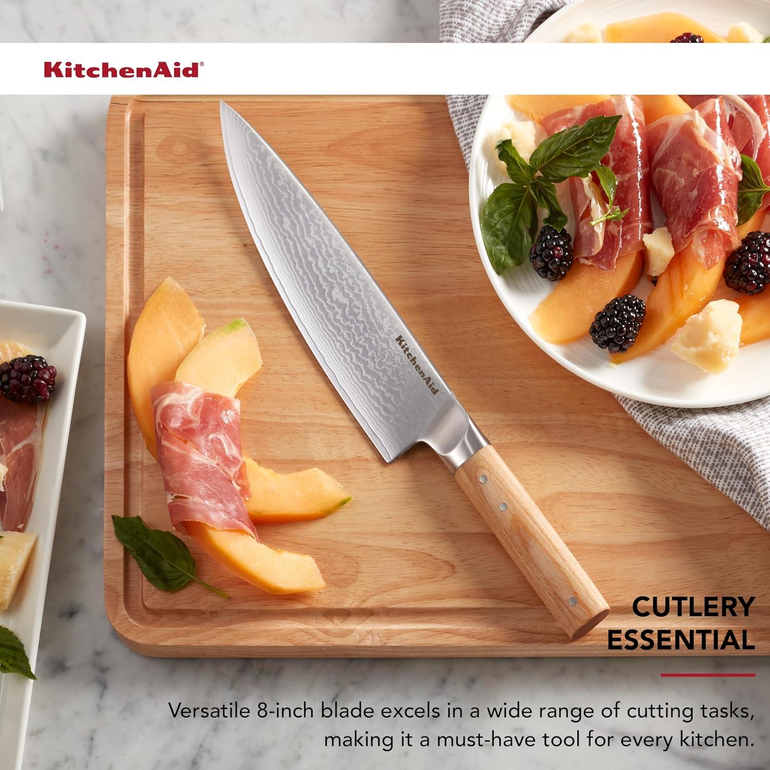 imageKitchenAid 6Piece Ashwood Knife Block Set Premium Damascus Steel Blades Pakkawood Handles SpaceSaving Design Includes Chef Santoku Slicing Utility ampamp Paring Knives Kitchen Knife SetBlonde