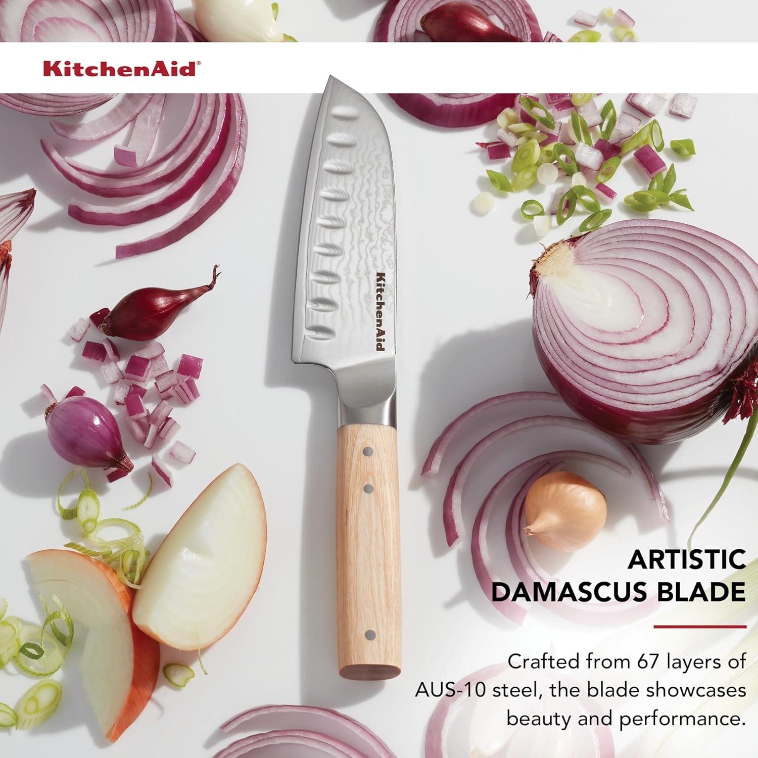 imageKitchenAid 6Piece Ashwood Knife Block Set Premium Damascus Steel Blades Pakkawood Handles SpaceSaving Design Includes Chef Santoku Slicing Utility ampamp Paring Knives Kitchen Knife SetBlonde