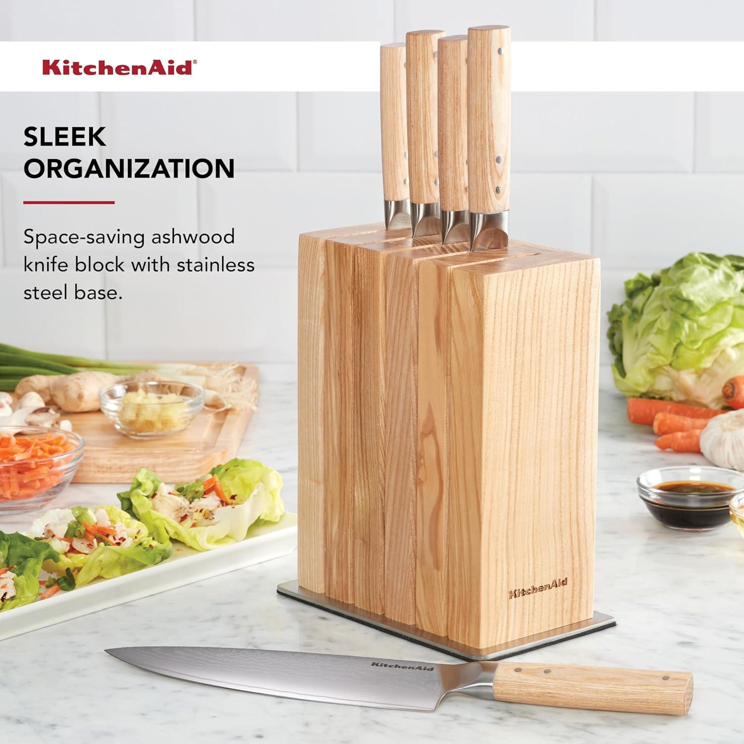 imageKitchenAid 6Piece Ashwood Knife Block Set Premium Damascus Steel Blades Pakkawood Handles SpaceSaving Design Includes Chef Santoku Slicing Utility ampamp Paring Knives Kitchen Knife SetBlonde