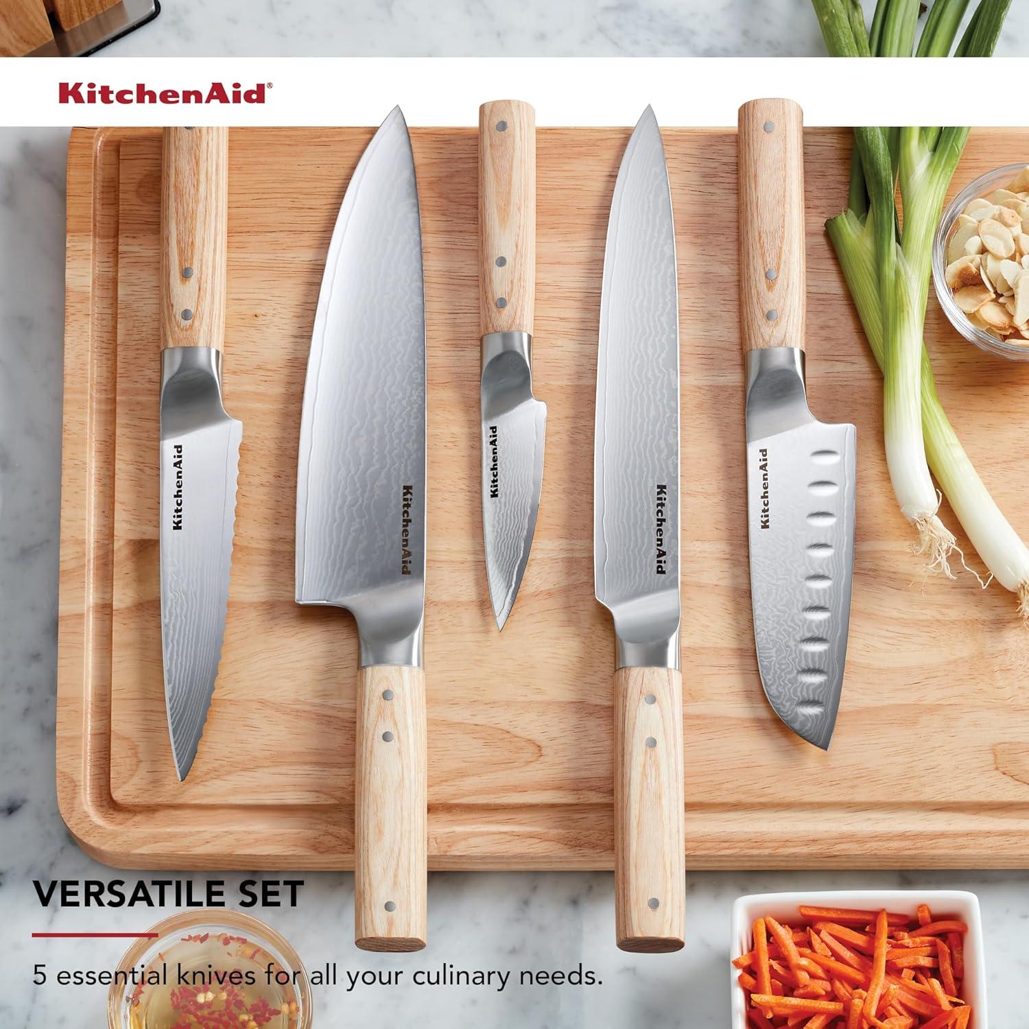 imageKitchenAid 6Piece Ashwood Knife Block Set Premium Damascus Steel Blades Pakkawood Handles SpaceSaving Design Includes Chef Santoku Slicing Utility ampamp Paring Knives Kitchen Knife SetBlonde
