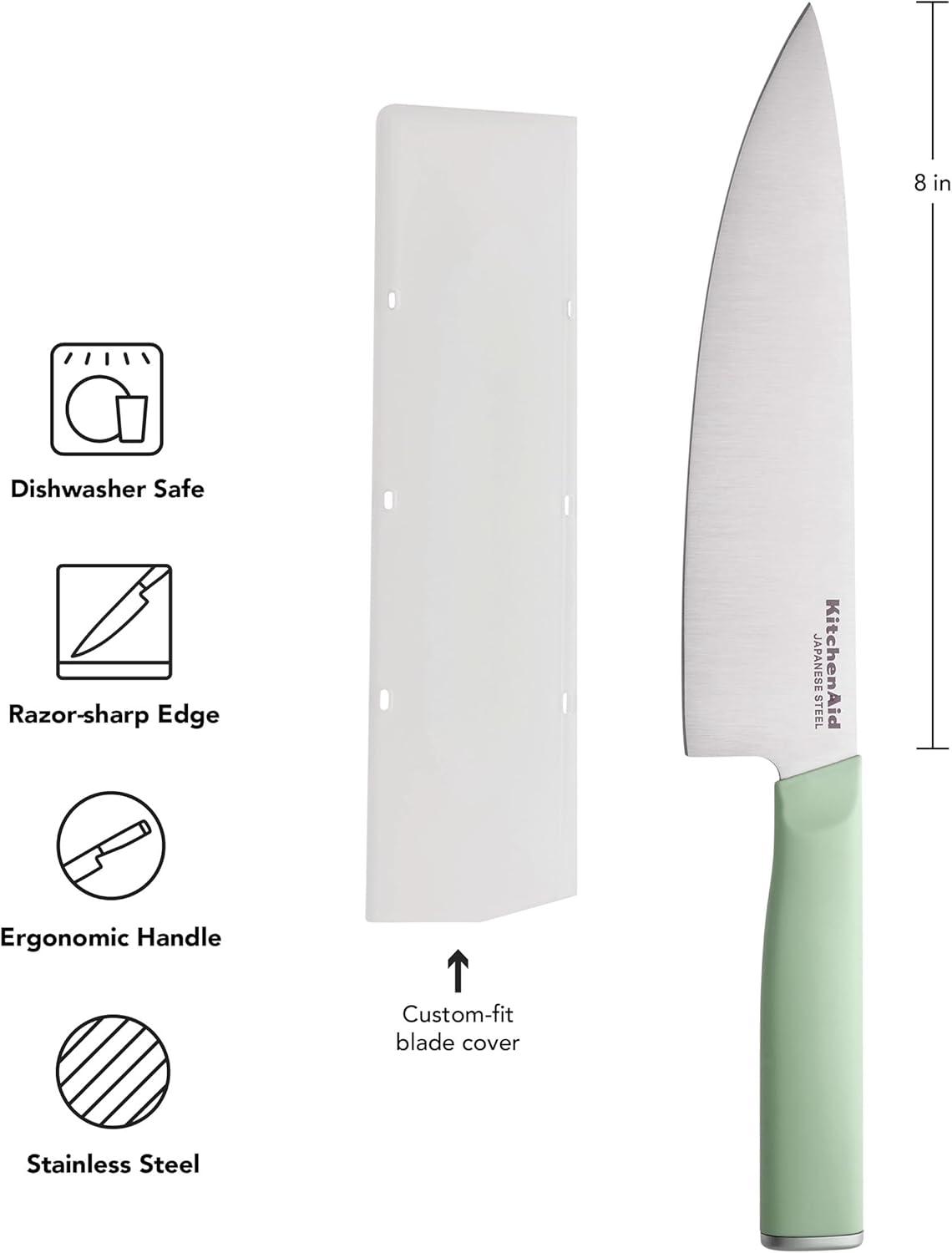 imageKitchenAid Classic Chef Knife with CustomFit Blade Cover Sharp Kitchen Knife HighCarbon Japanese Stainless Steel Blade Blade 8 inch PistachioPistachio