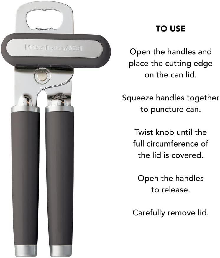 imageKitchenAid Classic Multifunction Can Opener and Bottle Opener Easy to Use Razor Sharp Stainless Steel Cutting Wheel Soft Ergonomic Handles Lavendar CreamCharcoal