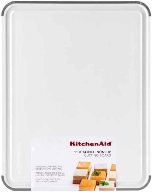 imageKitchenAid Classic Plastic Cutting Board with Perimeter Trench and Non Slip Edges Dishwasher Safe 8 x 10 inch Ink BlueWhite and Gray