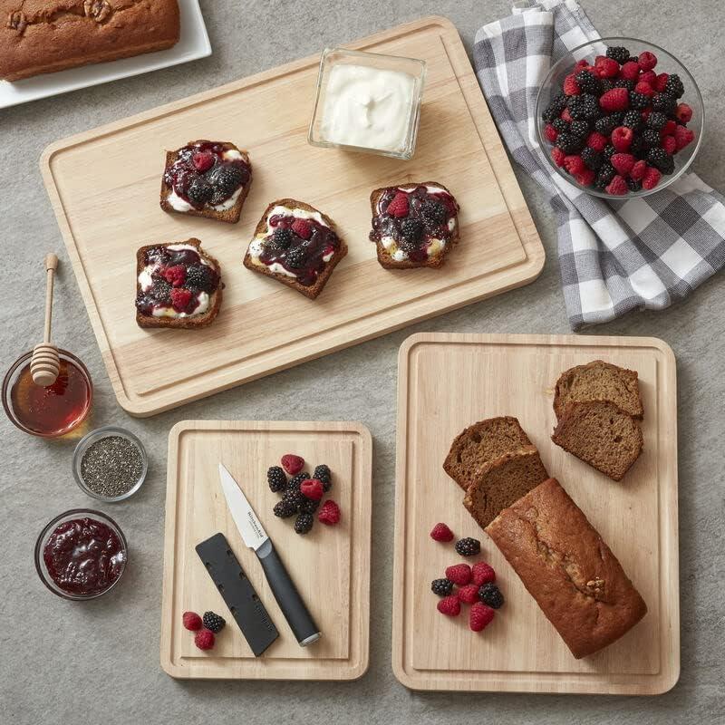 imageKitchenAid Classic Rubberwood Cutting Board with Perimeter Trench Reversible Chopping Board 11inch x 14Inch Natural181L x 12W