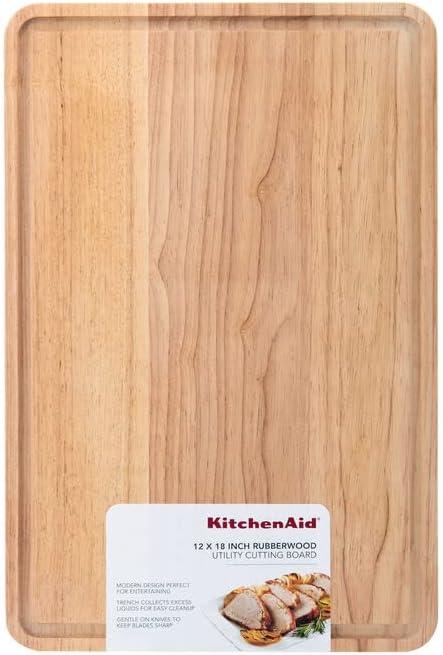 imageKitchenAid Classic Rubberwood Cutting Board with Perimeter Trench Reversible Chopping Board 11inch x 14Inch Natural181L x 12W