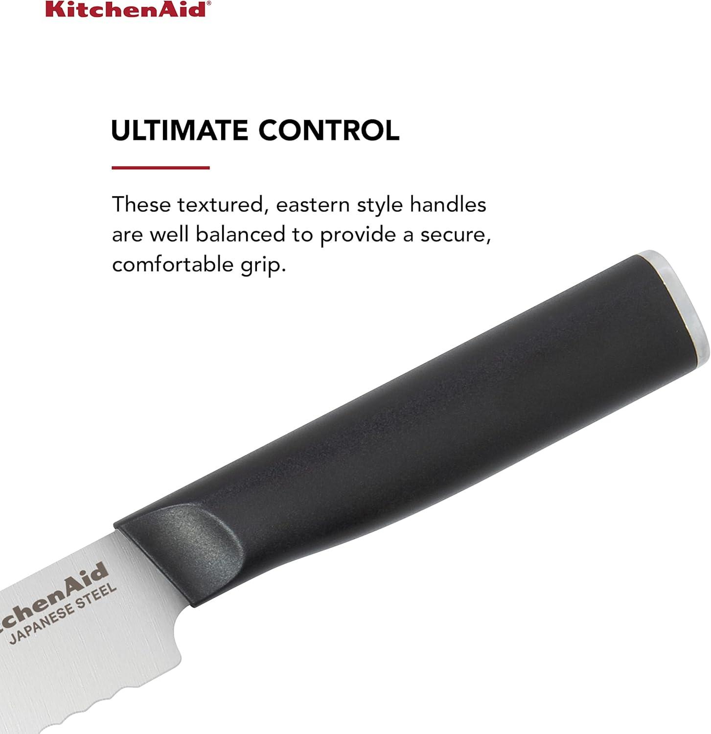 imageKitchenAid Classic Serrated Bread Knife with CustomFit Blade Cover 8inch Sharp Kitchen Knife HighCarbon Japanese Stainless Steel Blade Black15Piece