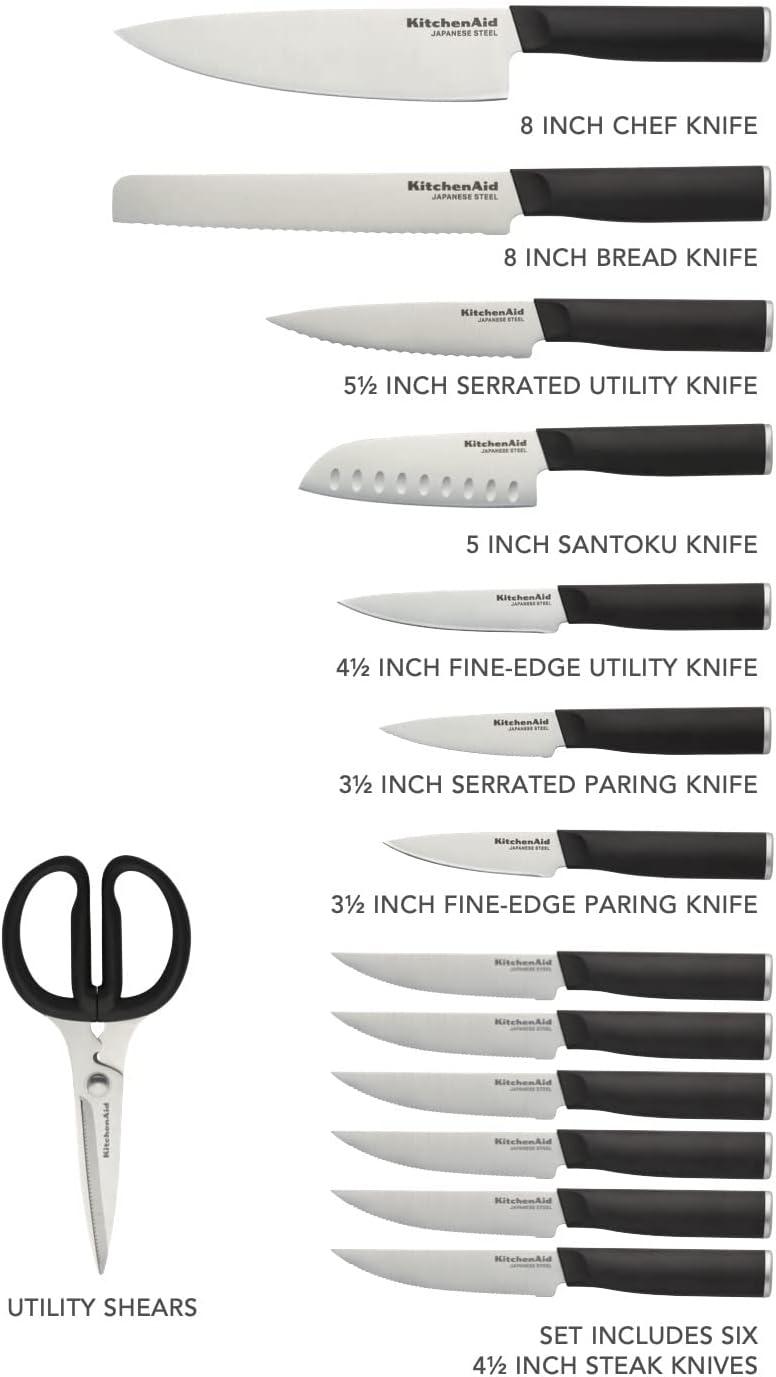 imageKitchenAid Classic Serrated Bread Knife with CustomFit Blade Cover 8inch Sharp Kitchen Knife HighCarbon Japanese Stainless Steel Blade Black15Piece