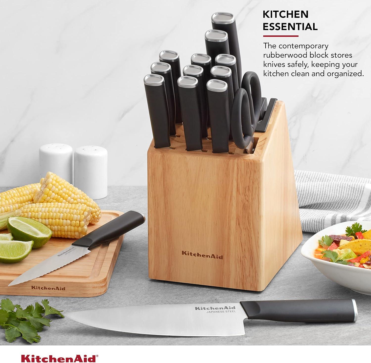 imageKitchenAid Classic Serrated Bread Knife with CustomFit Blade Cover 8inch Sharp Kitchen Knife HighCarbon Japanese Stainless Steel Blade Black15Piece