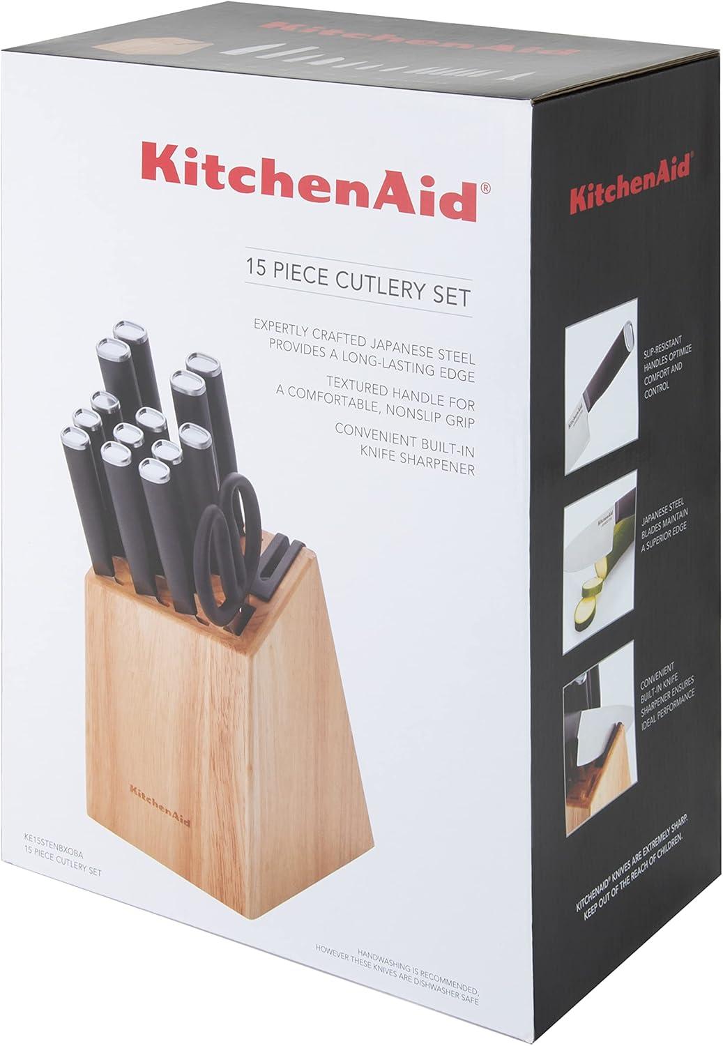 imageKitchenAid Classic Serrated Bread Knife with CustomFit Blade Cover 8inch Sharp Kitchen Knife HighCarbon Japanese Stainless Steel Blade Black15Piece