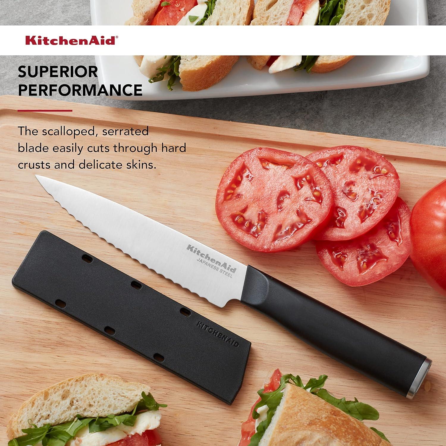imageKitchenAid Classic Serrated Bread Knife with CustomFit Blade Cover 8inch Sharp Kitchen Knife HighCarbon Japanese Stainless Steel Blade Black8