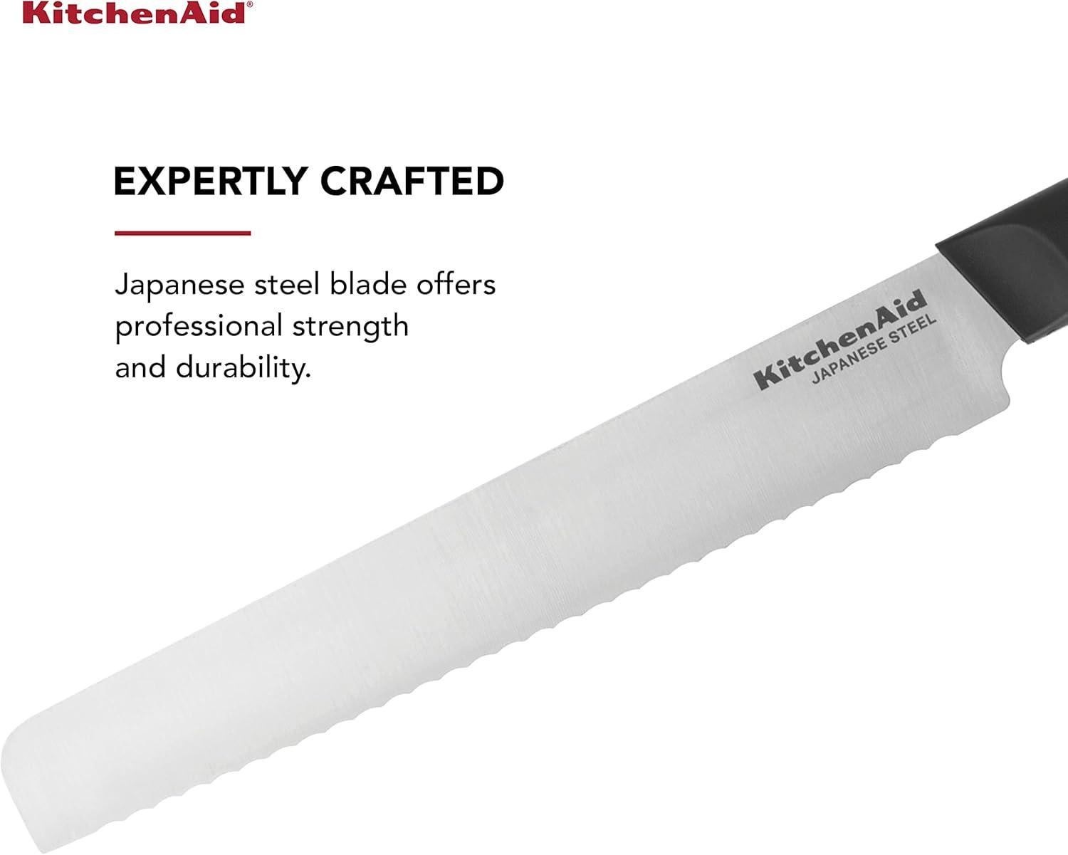 imageKitchenAid Classic Serrated Bread Knife with CustomFit Blade Cover 8inch Sharp Kitchen Knife HighCarbon Japanese Stainless Steel Blade Black8