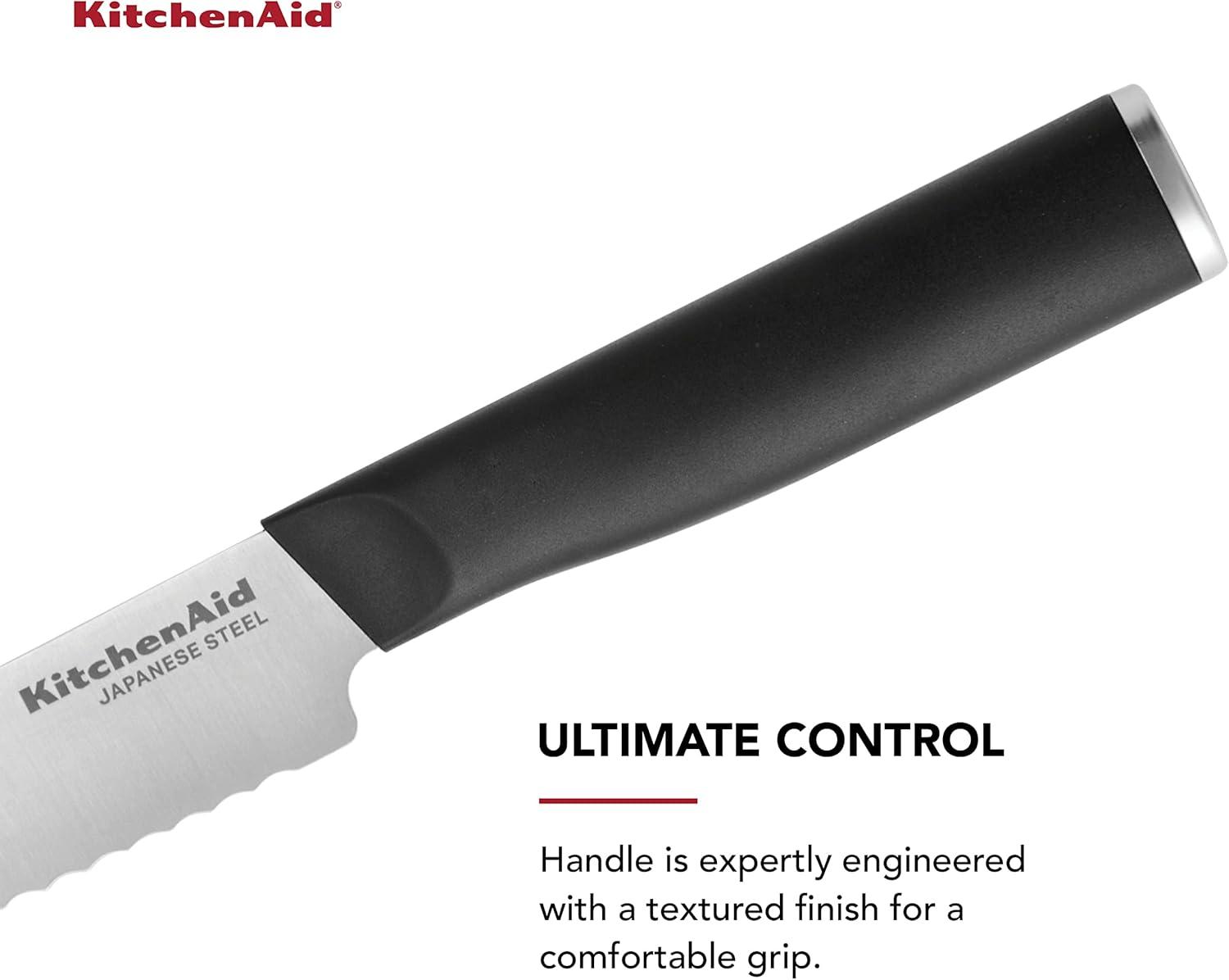 imageKitchenAid Classic Serrated Bread Knife with CustomFit Blade Cover 8inch Sharp Kitchen Knife HighCarbon Japanese Stainless Steel Blade Black8