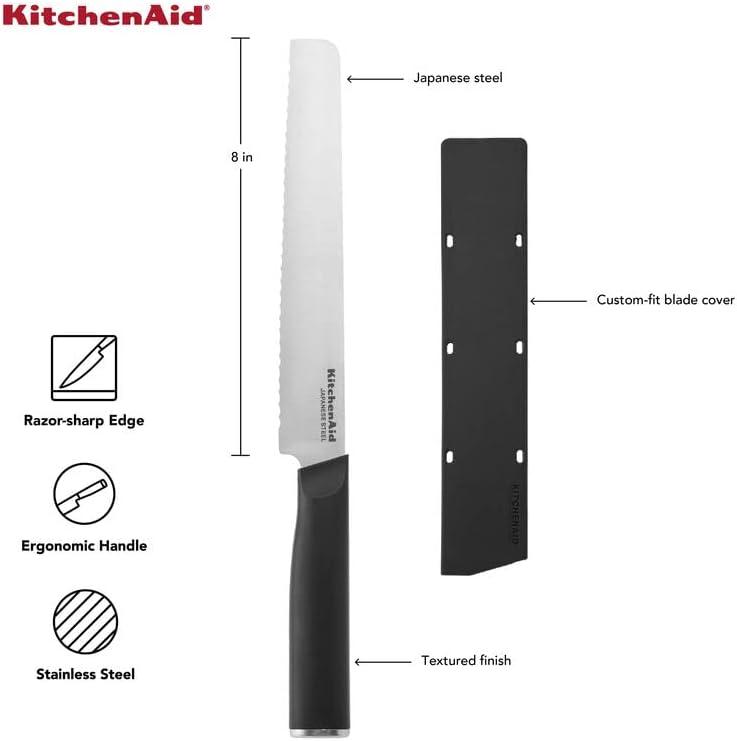 imageKitchenAid Classic Serrated Bread Knife with CustomFit Blade Cover 8inch Sharp Kitchen Knife HighCarbon Japanese Stainless Steel Blade Black8