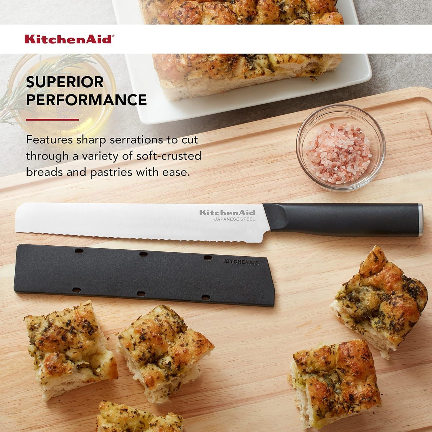 imageKitchenAid Classic Serrated Bread Knife with CustomFit Blade Cover 8inch Sharp Kitchen Knife HighCarbon Japanese Stainless Steel Blade Black8