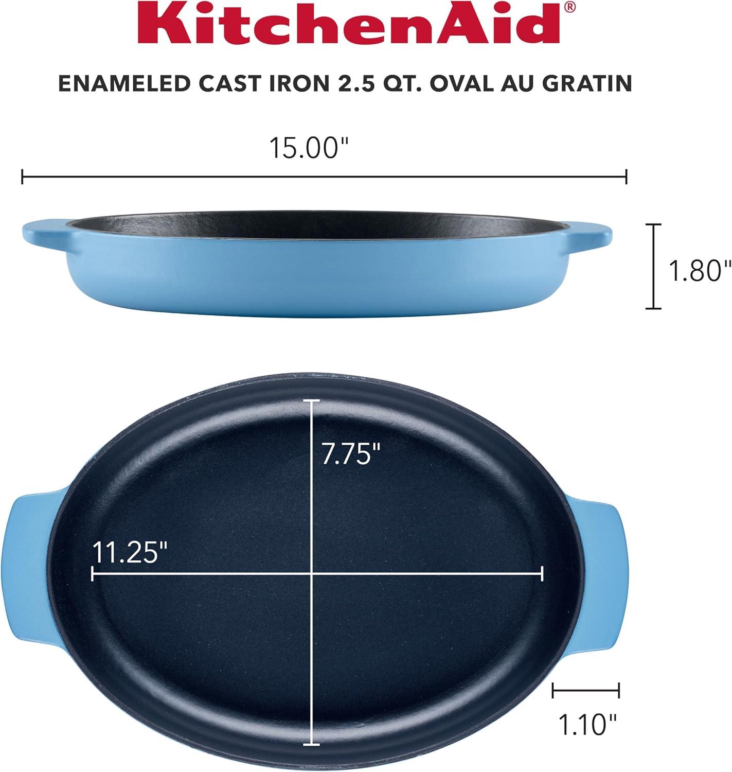 imageKitchenAid Enameled Cast Iron Au Gratin Oval Roasting Pan 25 Quart Blue Velvet