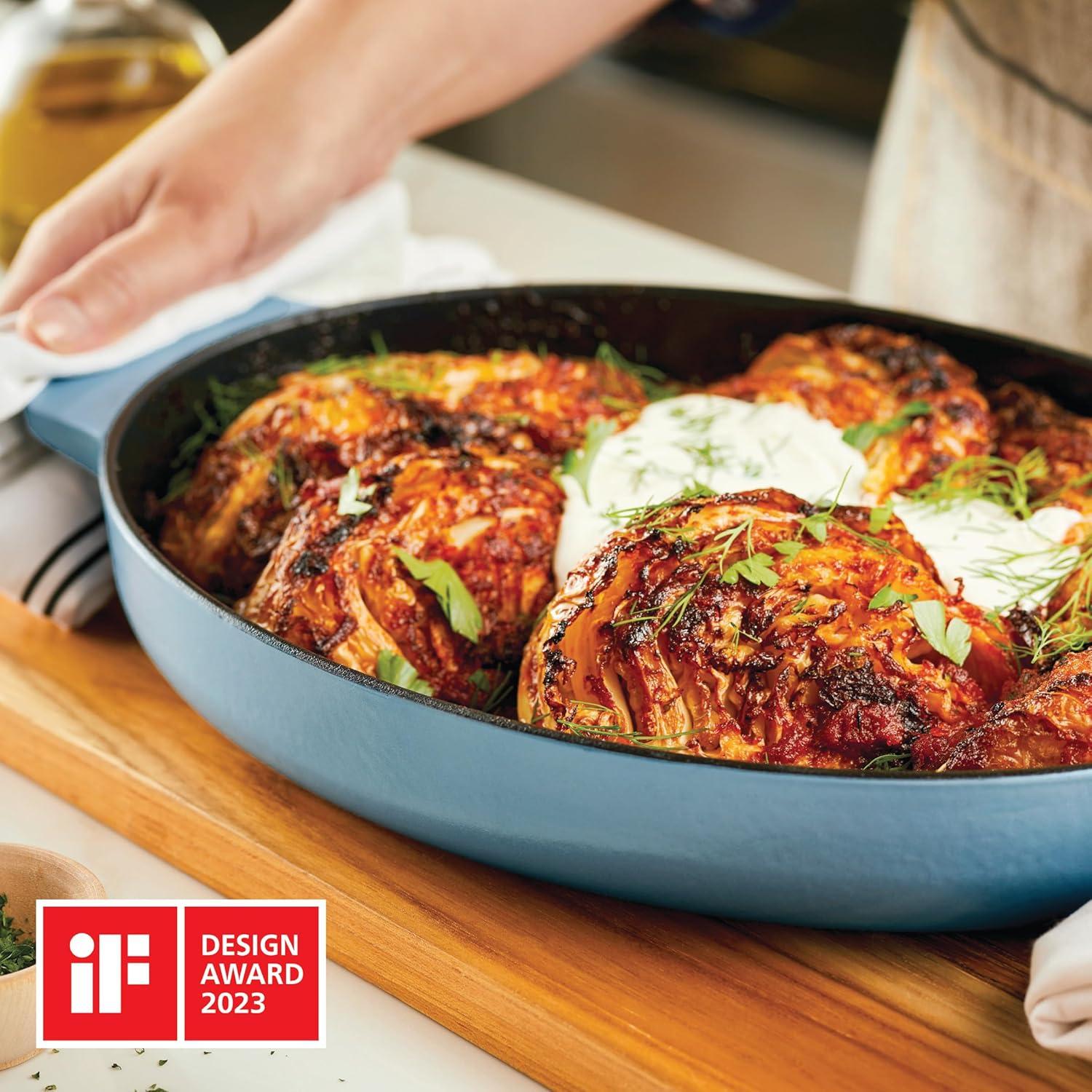 imageKitchenAid Enameled Cast Iron Au Gratin Oval Roasting Pan 25 Quart Blue Velvet