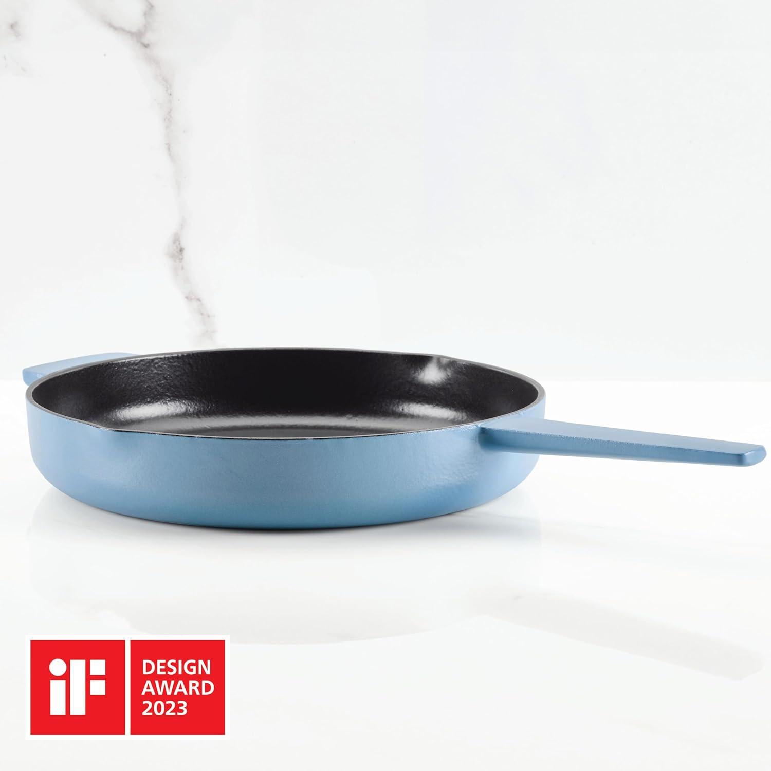 imageKitchenAid Enameled Cast Iron Frying PanSkillet with Helper Handle and Pour Spouts 12 Inch PistachioBlue Velvet