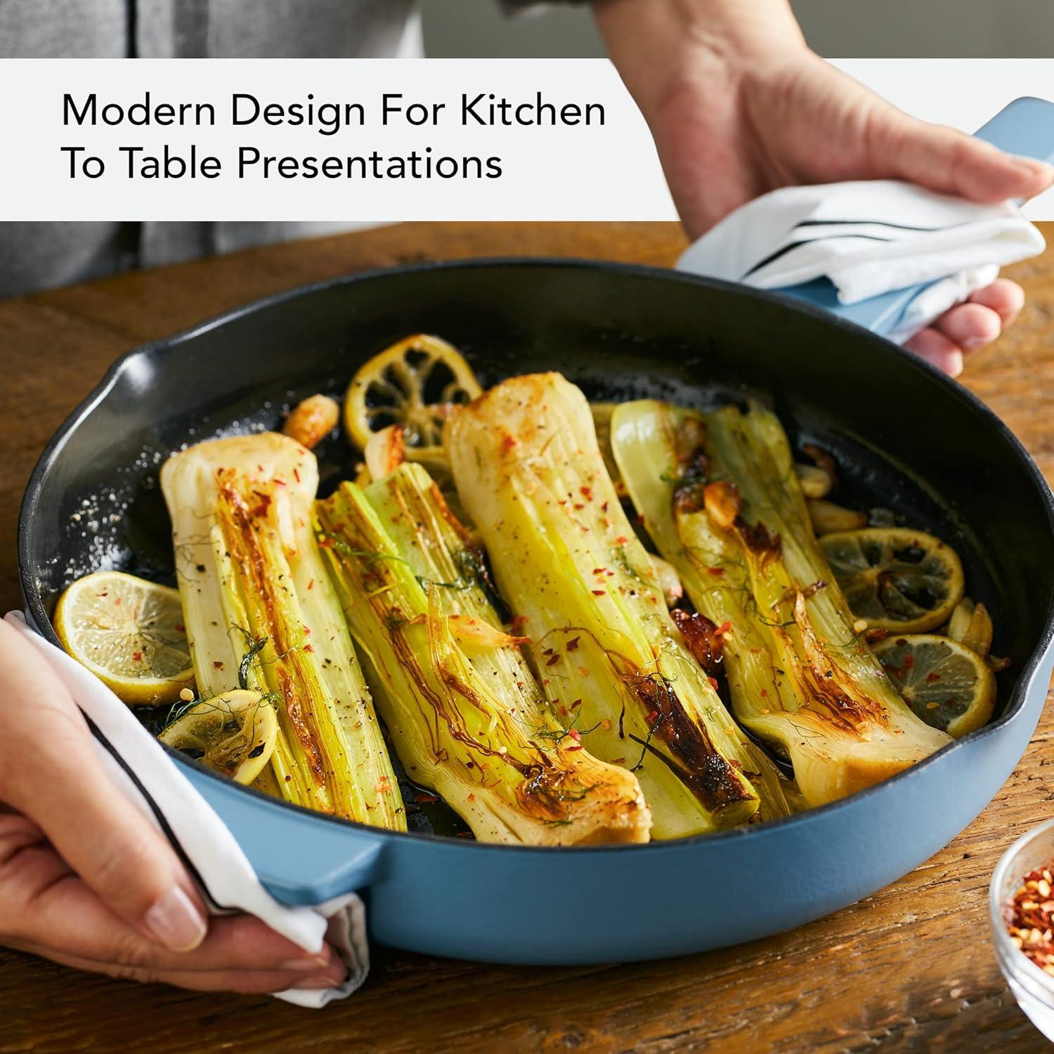 imageKitchenAid Enameled Cast Iron Frying PanSkillet with Helper Handle and Pour Spouts 12 Inch PistachioBlue Velvet