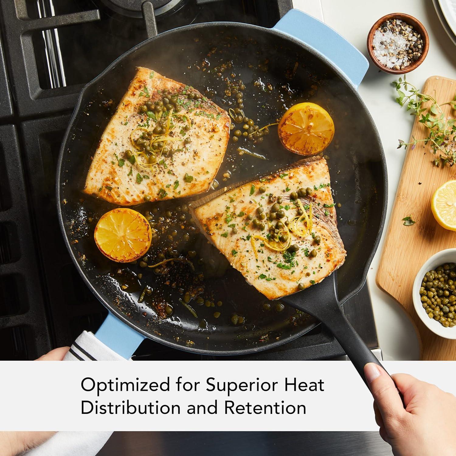 imageKitchenAid Enameled Cast Iron Frying PanSkillet with Helper Handle and Pour Spouts 12 Inch PistachioBlue Velvet