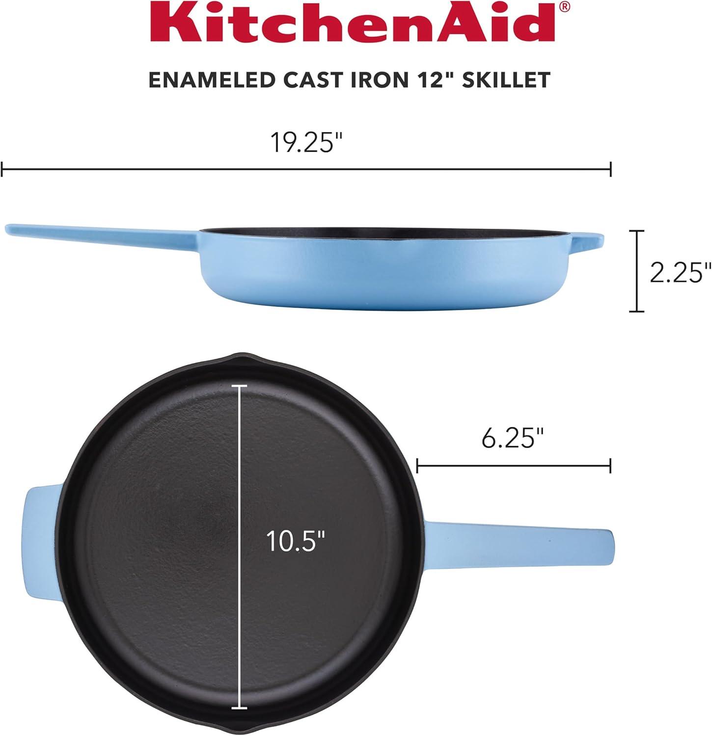 imageKitchenAid Enameled Cast Iron Frying PanSkillet with Helper Handle and Pour Spouts 12 Inch PistachioBlue Velvet