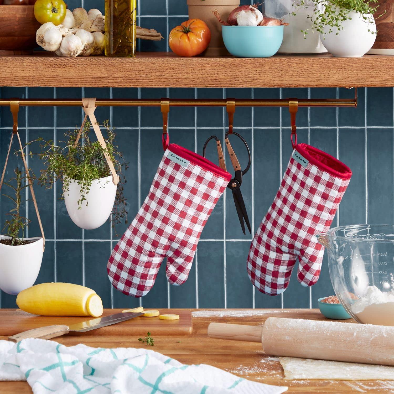 imageKitchenAid Gingham Oven Mitt 2Pack Set Aqua Sky 7quotx13quotPassion Red